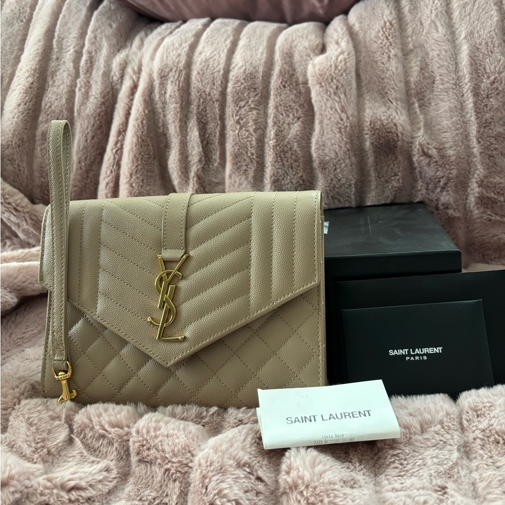 Saint Laurent beige Leather Envelope Flap Wristlet